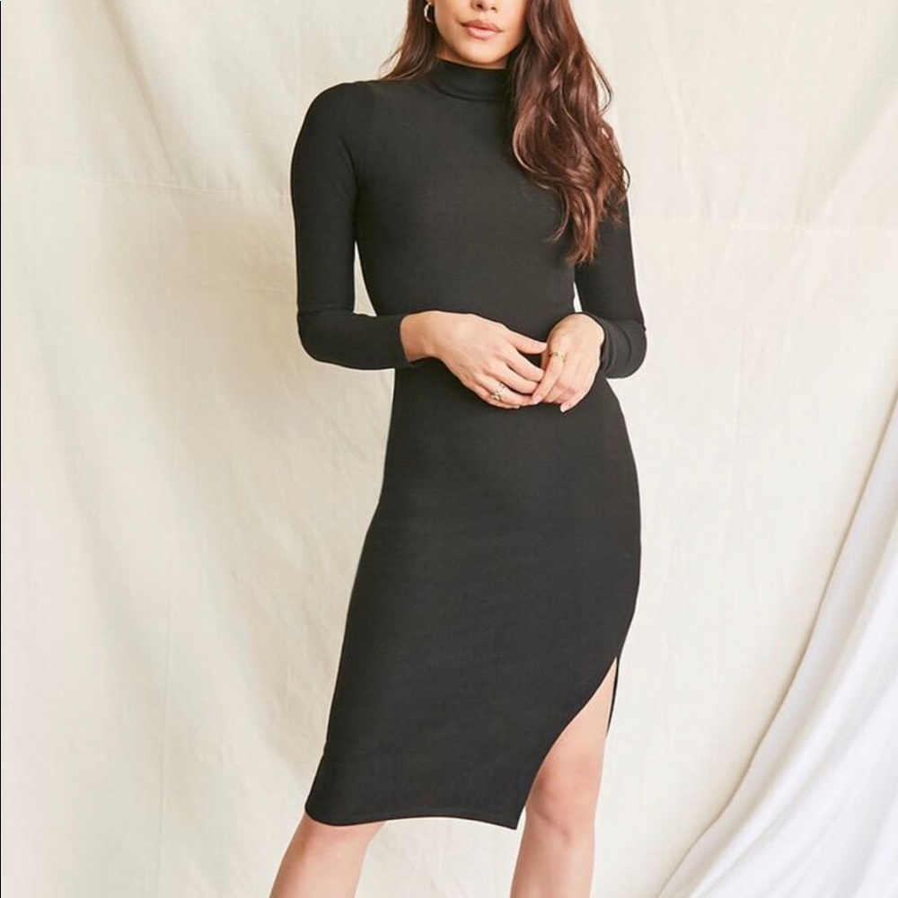 Forever 21 mock turtle neck long sleeve black bodycon dress with slit